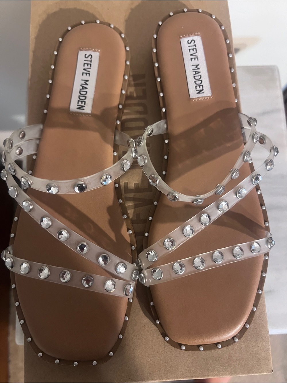 Steve Madden Clear Crystal-Embellished Tan Slide Sandals